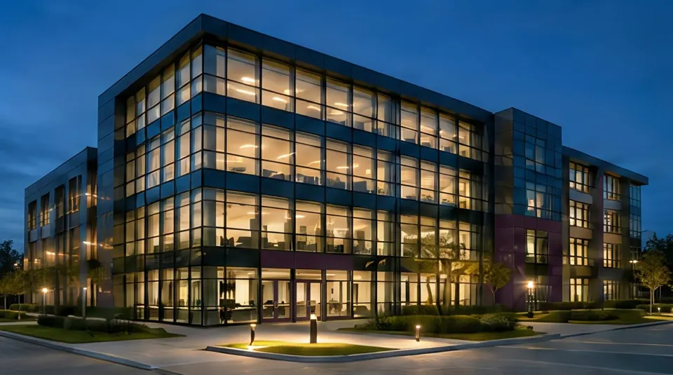 A modern glass office building lit up at dusk