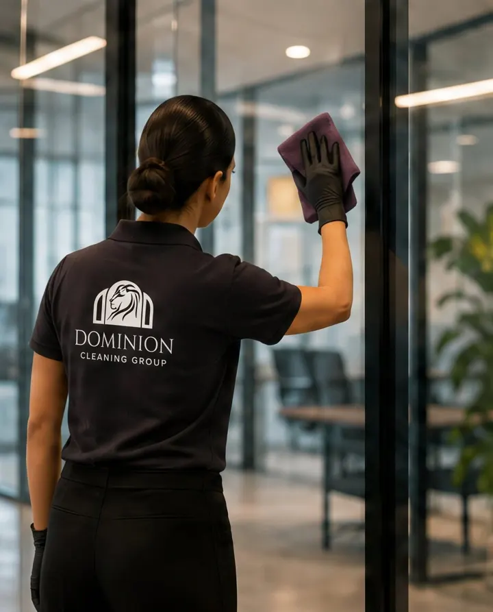 A Dominion Cleaning Group cleaner wiping a glass partition in a modern office