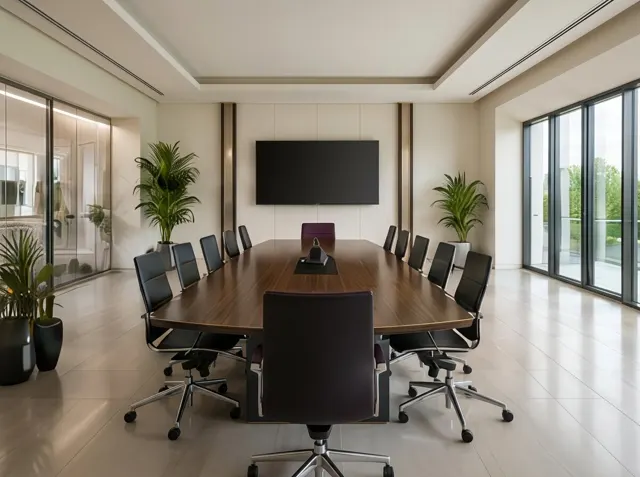 An immaculate modern boardroom with a long walnut table
