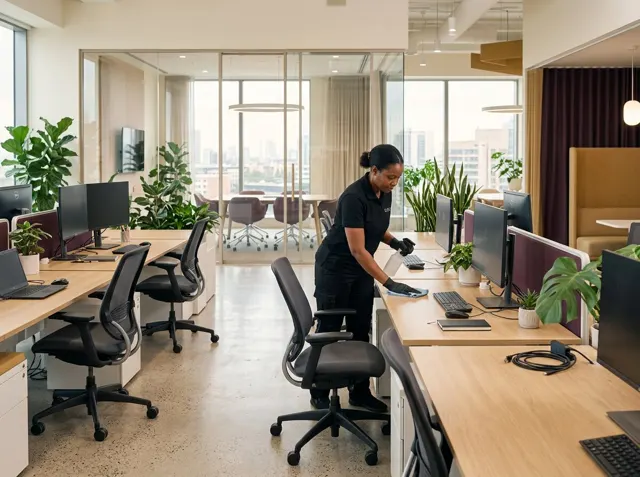 A cleaner wiping desks in a modern open-plan office